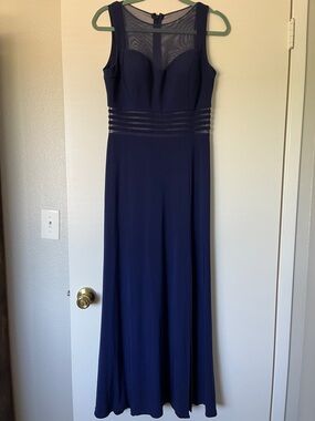 Elegant Navy Maxi Dress with Sheer Mesh Details